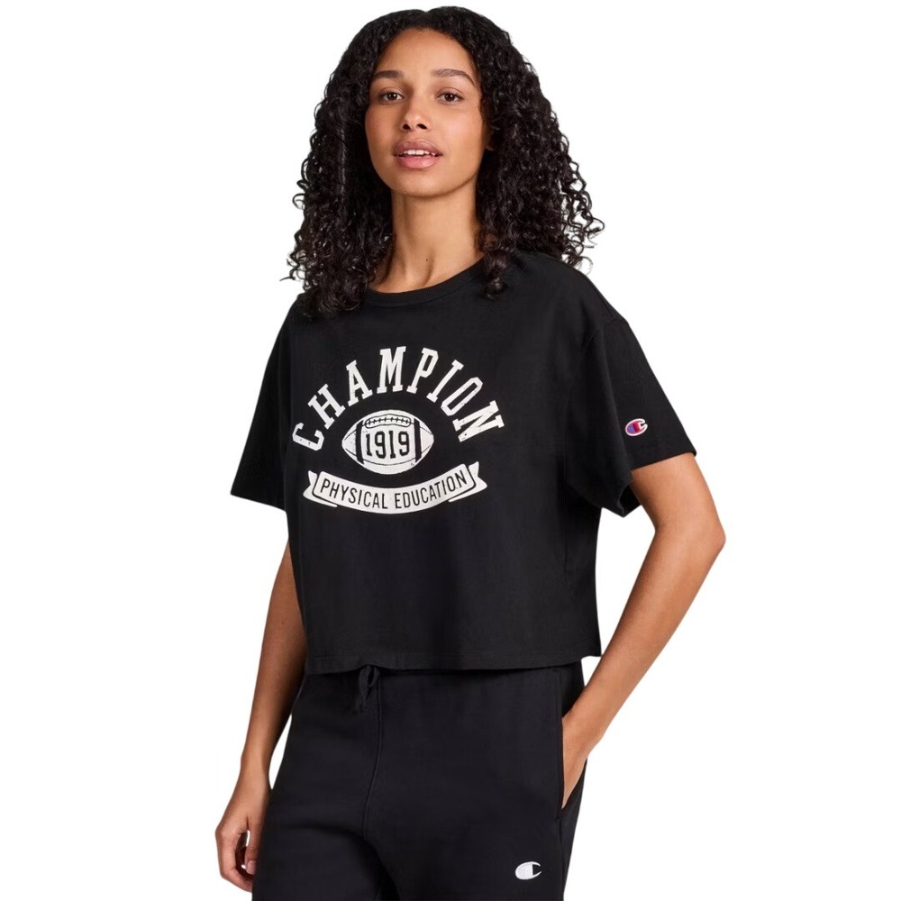 Champion Women's Physical Education Graphic T-Shirt Black Loose Fit Crop Tee L